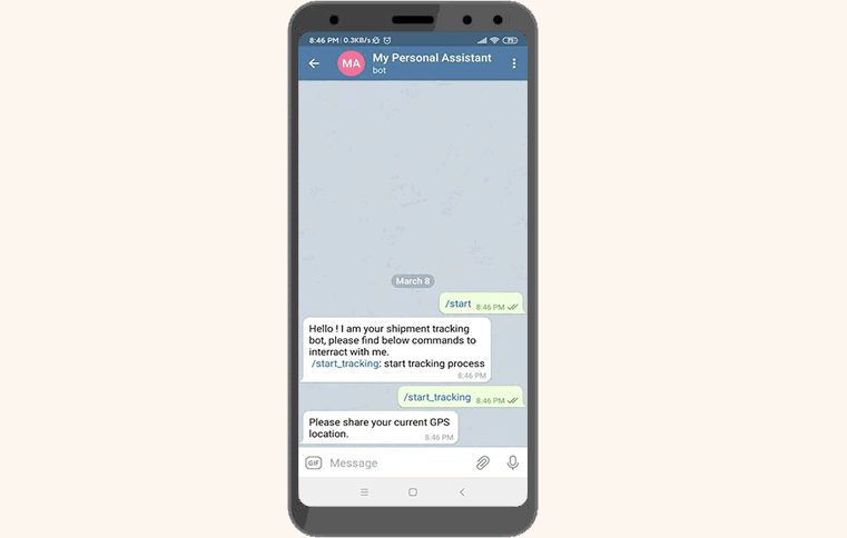 A smartphone screen showing a Telegram chat interface with a bot. The bot interacts with the user by asking for GPS coordinates and tracking shipment status through simple commands like "/start_tracking." The bot is designed to provide real-time visibility of shipments for logistics management.