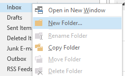 A screenshot of the Outlook folder menu, showing the option to create a new folder. The context menu is opened under the âInboxâ folder, and the âNew Folderâ option is highlighted. This image