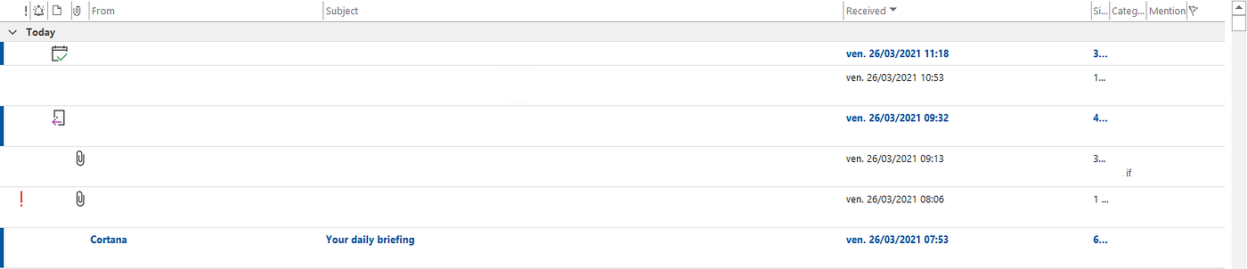 An Outlook inbox displaying a list of received emails with details such as the sender, subject, and received date. Some emails are marked with icons such as a paperclip (indicating attachment