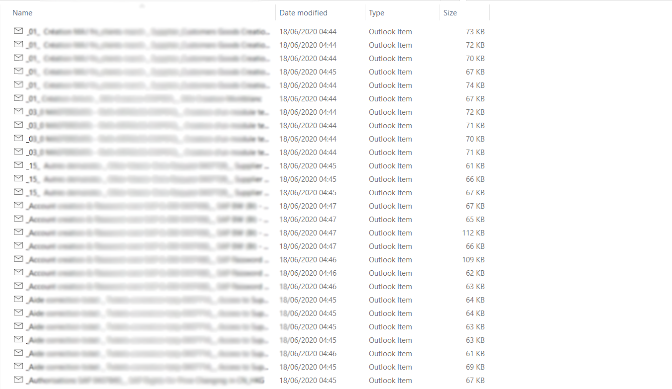 A folder containing several .msg files, representing individual email messages exported from Outlook. The folder displays the email file names, modified dates, types (Outlook items), and size