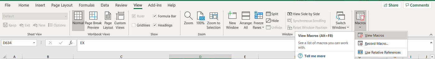 An Excel window with the âViewâ tab open, showing options for managing macros. The âView Macrosâ button is highlighted, indicating that the user can view and manage macros from this interface