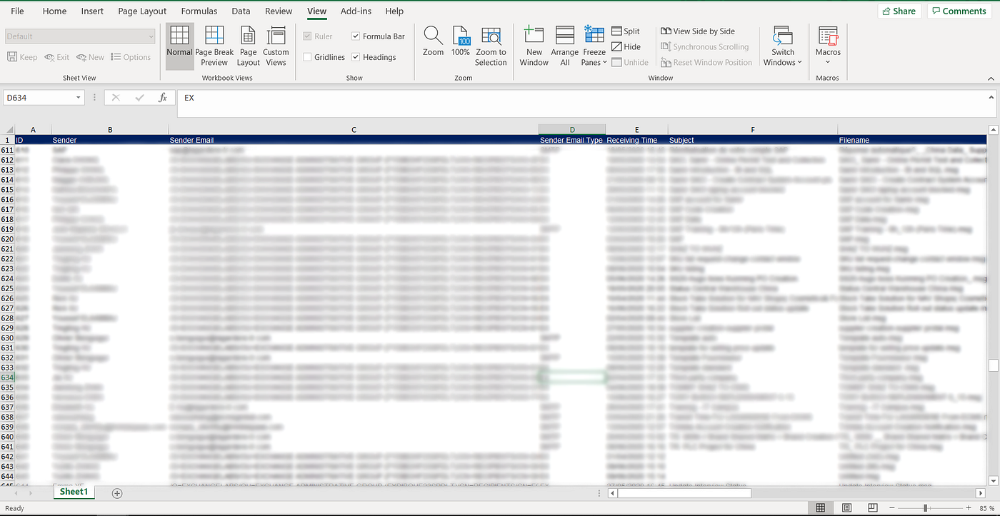A spreadsheet in Excel displaying a list of email records with columns for sender, subject, receiving time, and file names. The content is blurred for privacy, but the structure shows how ema