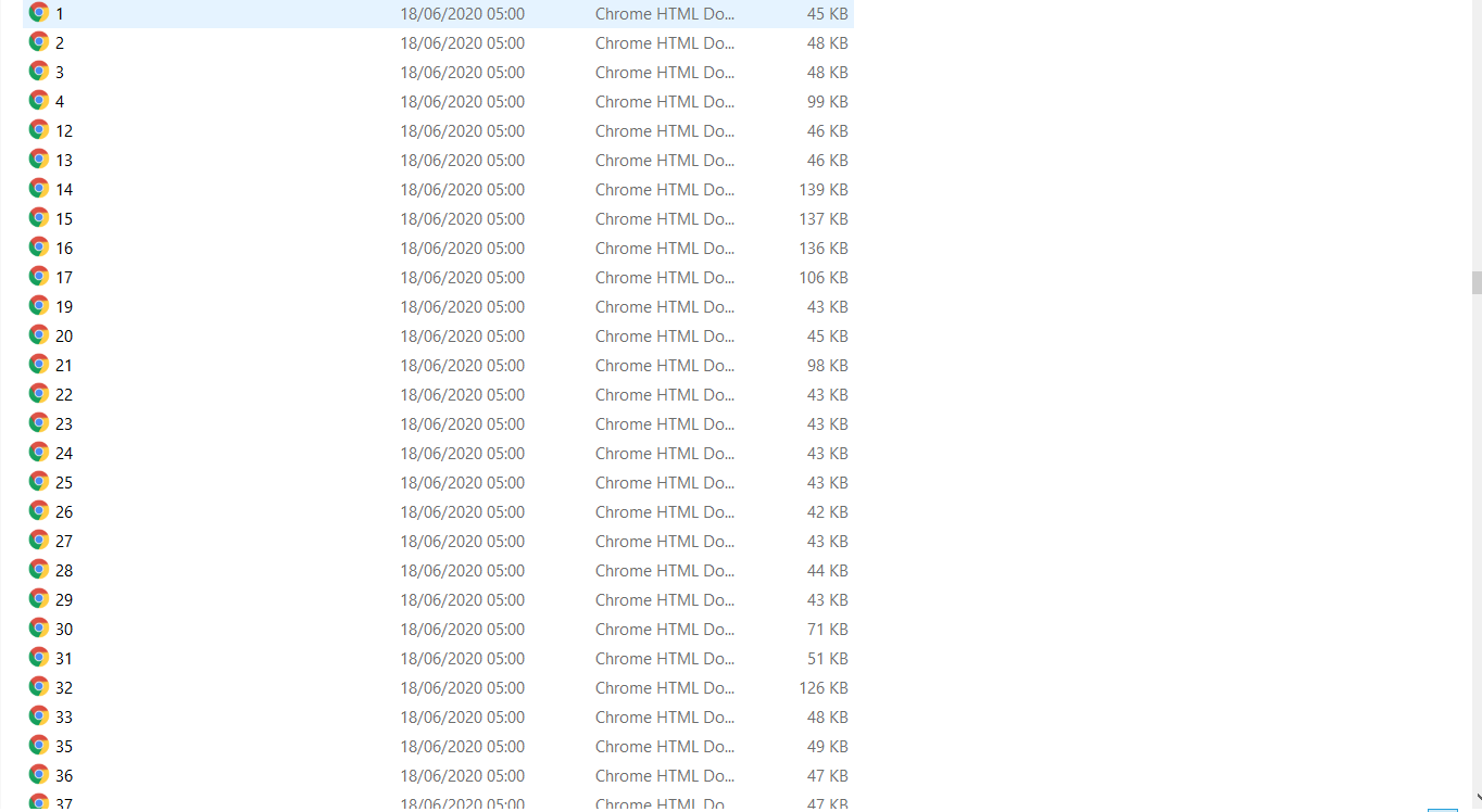 A folder showing a list of HTML files generated from Outlook emails, with file names indicating different emails (e.g., file 1, file 2, etc.). The file sizes are listed in kilobytes. These HT
