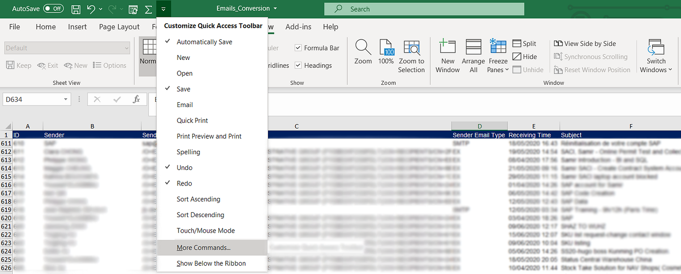 A screenshot of Excelâs Quick Access Toolbar menu, showing the âMore Commandsâ option. The background includes an open Excel sheet displaying email records, with columns for sender name, emai